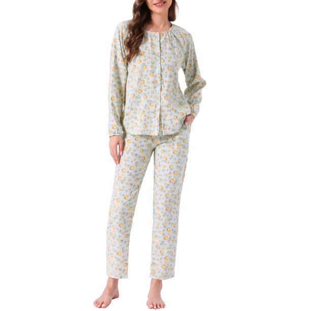 Conjunto de Pijama de Conejito Floral para Mujer de INSPIRE CHIC, Manga Larga, Botones, Mezcla de Algodón, Conjunto de Descanso con Bolsillo, L Verde Floral
