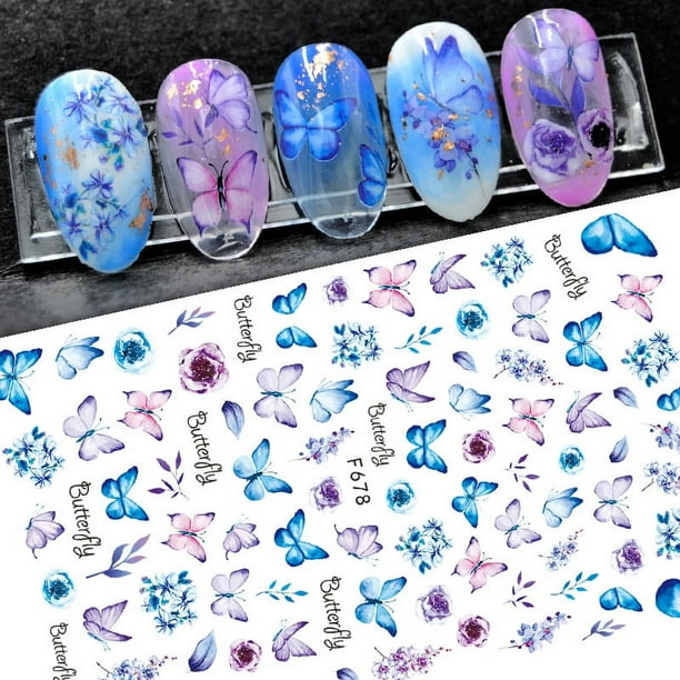 8 sheets Holographic Butterfly Nail Art Stickers - Blue and Purple Butterflies, Spring Theme Flowers, 3D Self-Adhesive Nail Decoration for Women and Girls