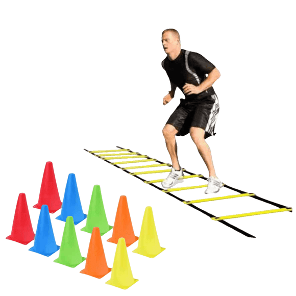 10 Conos De Entrenamiento 18 cm + Escalera Coordinación 16 Peldaños
