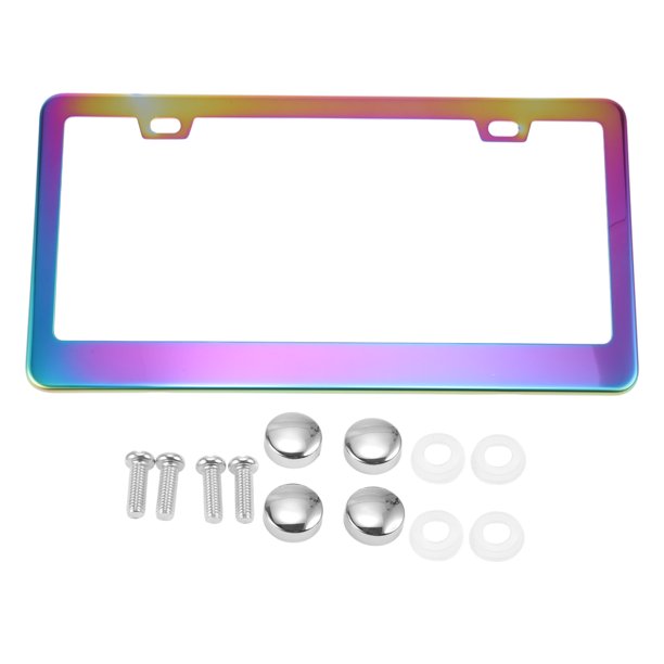 Marco de placa de matrícula de acero inoxidable para automóvil con tornillos, tapas, 2 agujeros, color variado, agujero cuadrado, marco ancho