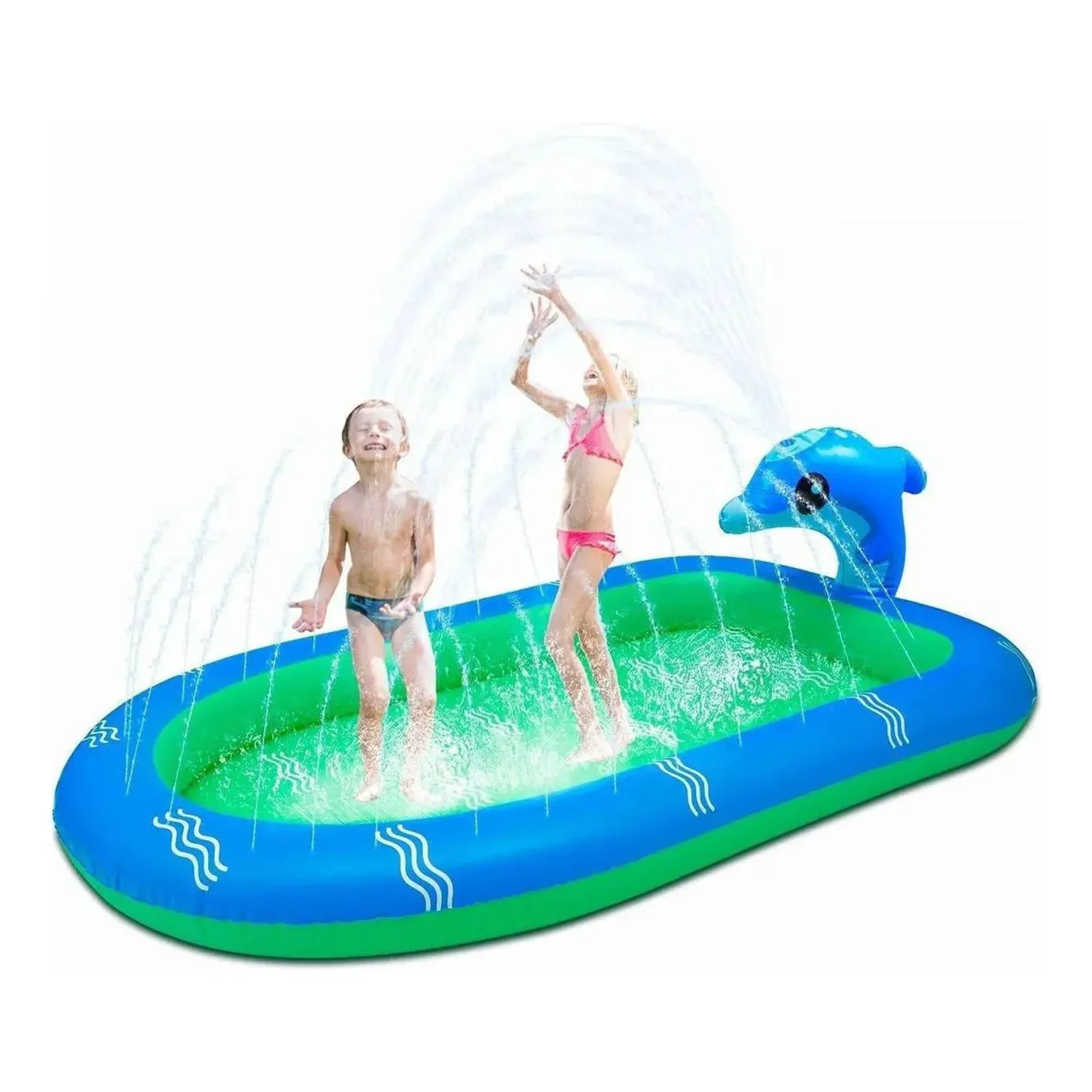 Max - Piscina Inflable 170x110x45cm Dino Delfin Lanza Chorro Agua