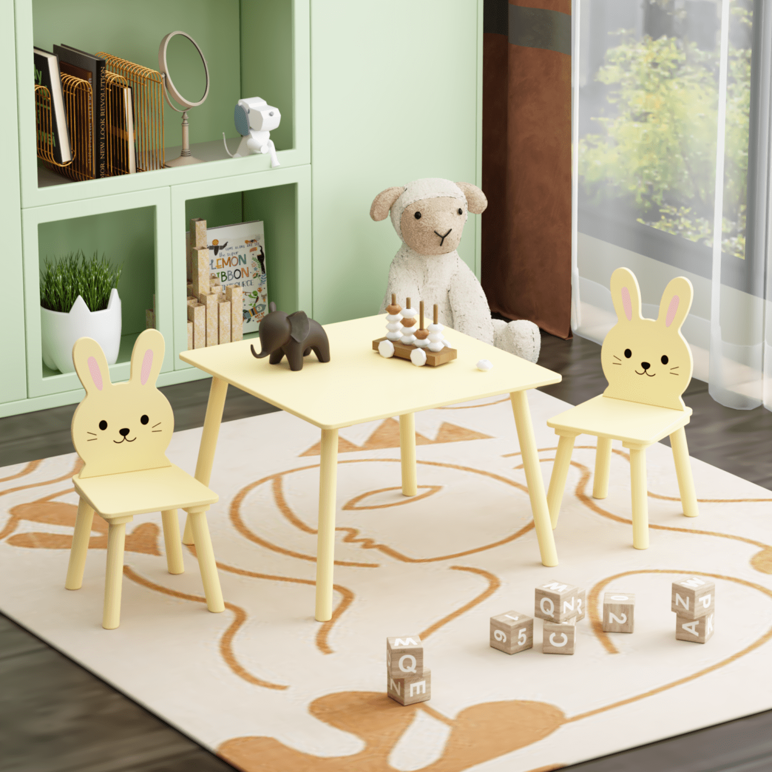 Kids Table and Chair Set with 2 Bunny Chairs, Children's Wooden ...
