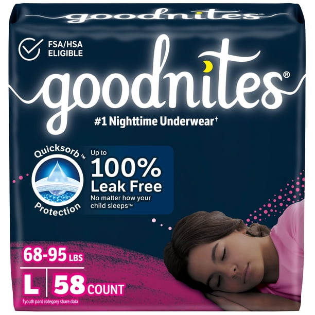 Ropa interior GoodNites para orinar la cama por la noche para niñas, talla grande, 68 a 95 libras