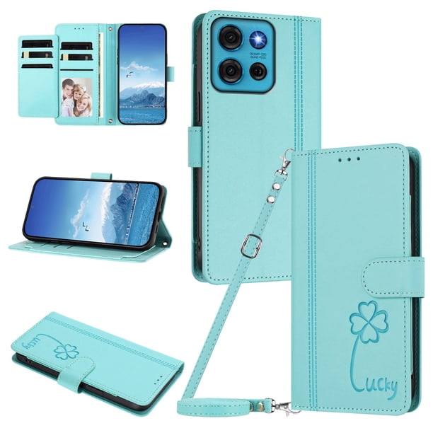 Funda Cartera Trébol para Motorola Moto G75 5G con Ranuras Tarjetas y Carga Inalámbrica Verde menta
