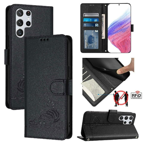 Funda tipo cartera FOXDOCK para Samsung Galaxy S22 Ultra con soporte, ranuras, RFID, diseño de gato