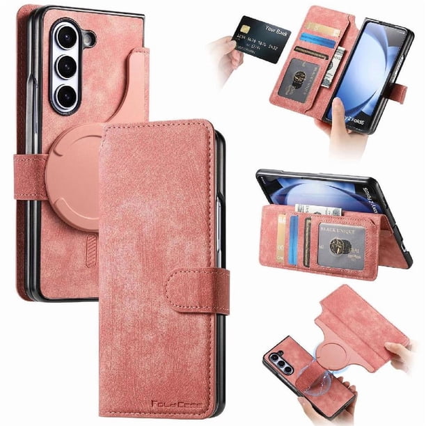Funda Billetera Magnética para Samsung Galaxy Z Fold 5 Soporte Tarjetas Desmontable Rosa