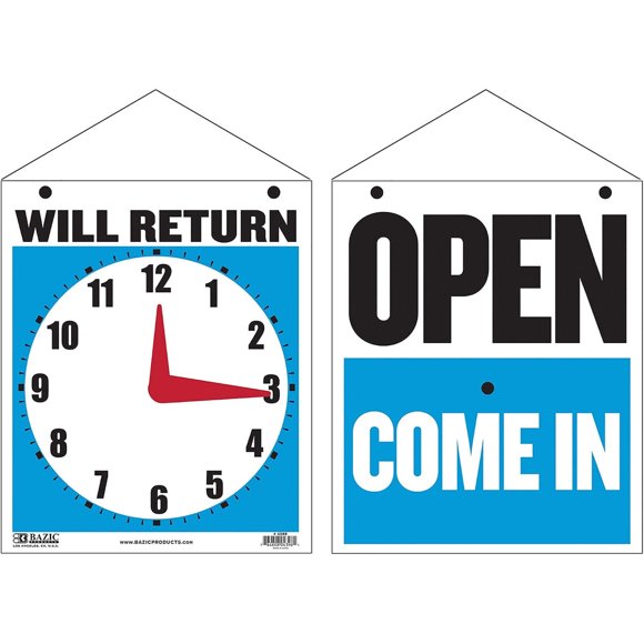 BAZIC Products Will Return/Open Clock Sign, 7.5 x 9 in, Double-Sided