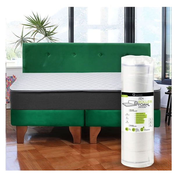 Cama Europea Zen Roller 2 Plazas Colchon Comprimido Espuma + Respaldo Tela Verde