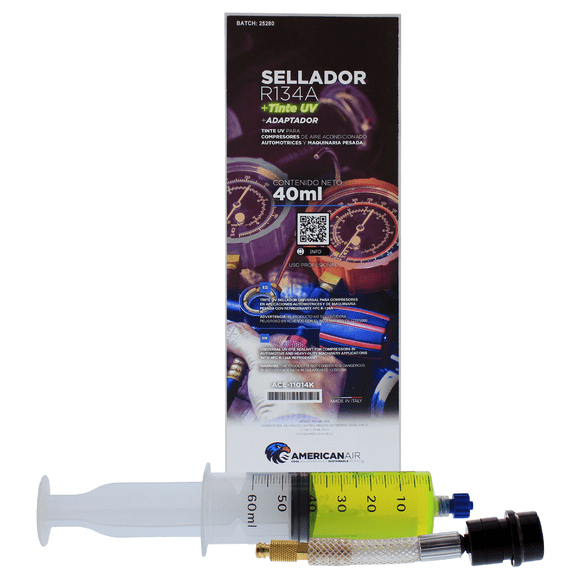 Sellador con Tinte UV en Jeringa 40ml para A/C R134a + Adaptador