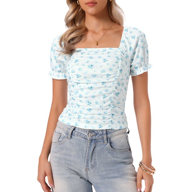 INSPIRE CHIC Elegante Top Corto con Nido de Abeja para Mujeres Regreso a Clases Ajuste Ceñido Blusa Campesina Floral Azul Blanco XL