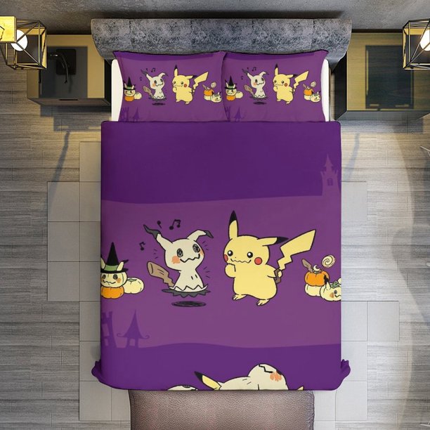 Halloween Pokmon 3 Piece Sets Full/Queen Size - Reversible Microfiber Quilts with Shams Soft Lightweight Bedspread Coverlet Comforter for All Season Bed Sheets