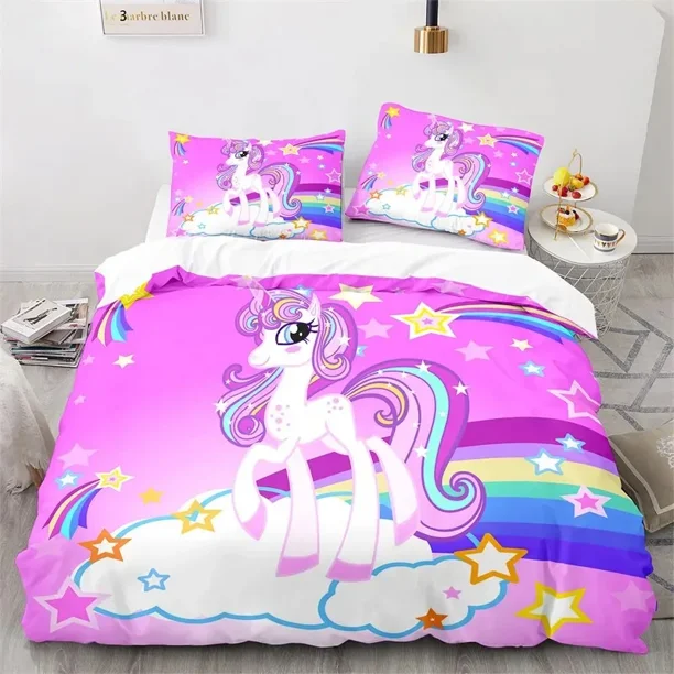 Cartoon Unicorn Floral Rainbow Girl's Eyelash Bedding Set Boys Girls Duvet Cover Pillowcase Bed Kids Adult Bed Sheets