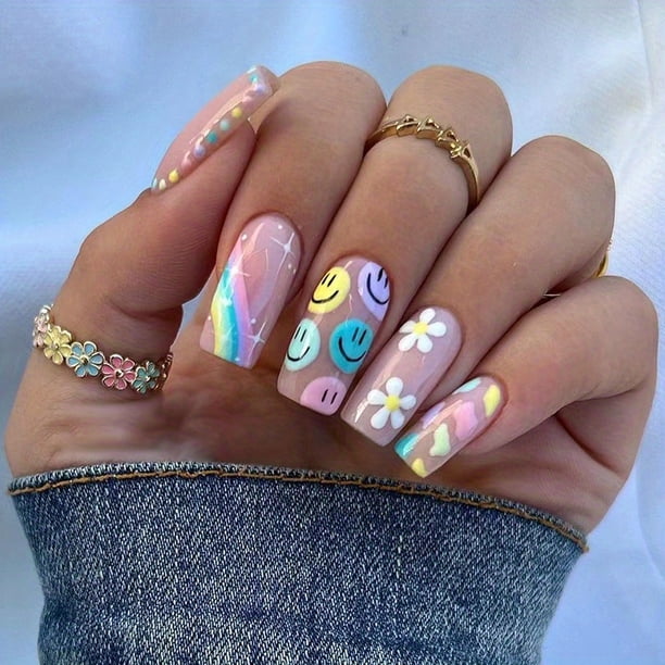 French Medium Square Press On Nails,Squoval Fake Nails With Cute Designs,Glossy False Nails For Women And Girls,24 Pcs