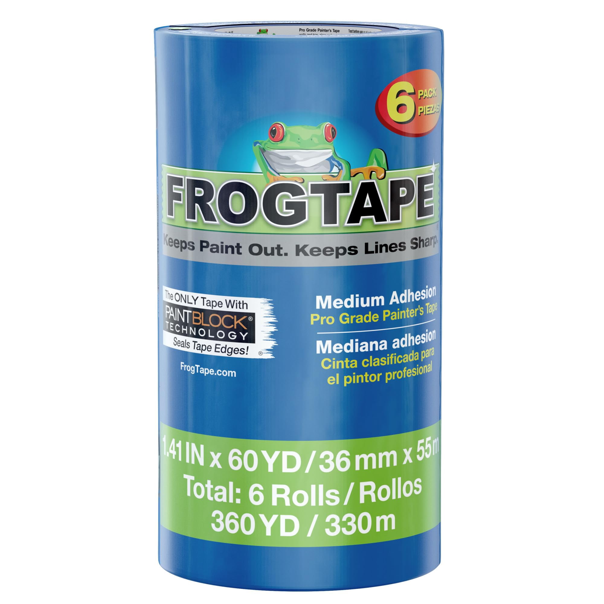 Frog Tape - Cinta De Pintor Frogtape Pro Con Bloque De Pintura De 1,41 Cm X 55 M, Azul, Paquete De 6
