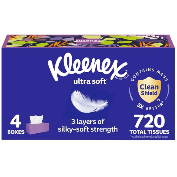 Pañuelos faciales Kleenex, ultrasuaves, 3 capas, 180 hojas, 4 cajas