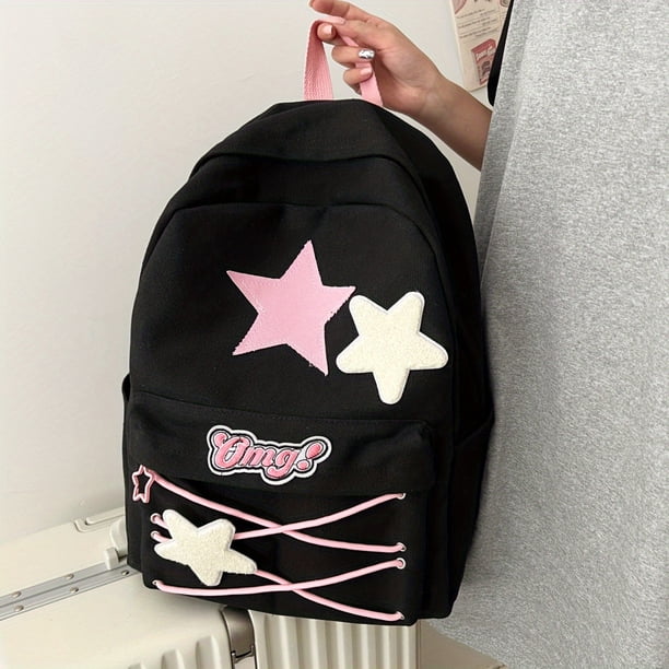 Cute Star Decor Large Capacity Preppy Backpack, Canvas Durable Lightweight School Daypack, Fashion Kawaii Commuter Bag