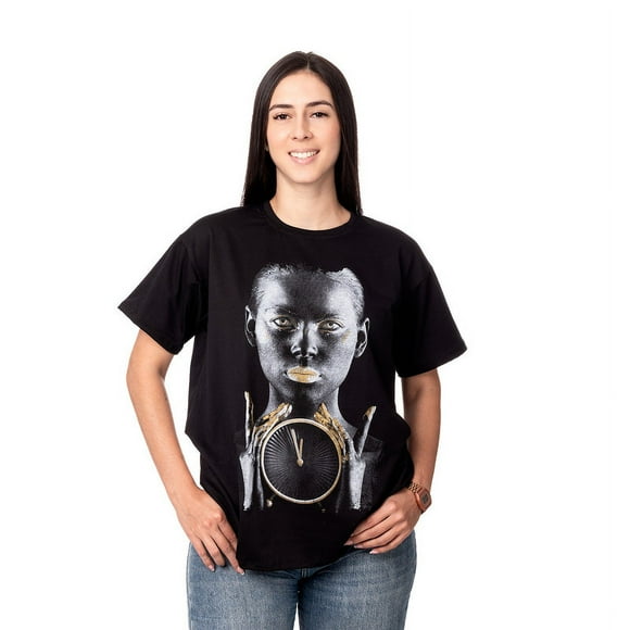 Polera Mujer Oversize Estampado Golden Clock Negro Talla S
