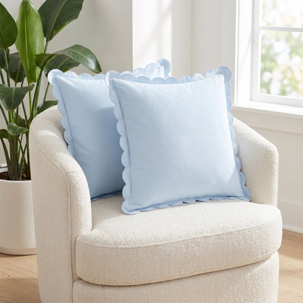 REGALWOVEN Fundas de Almohada de Algodón, Juego de Fundas de Cojín, Diseño de Bordes Ondulados Escalonados, Decoración Moderna para el Hogar 2 Piezas Azul 18" x 18"