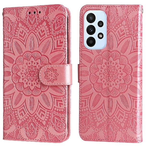 Funda tipo cartera FOXDOCK para Samsung Galaxy A23 4G/5G , diseño girasol en relieve, cuero PU, cierre magnético, soporte y tarjetero