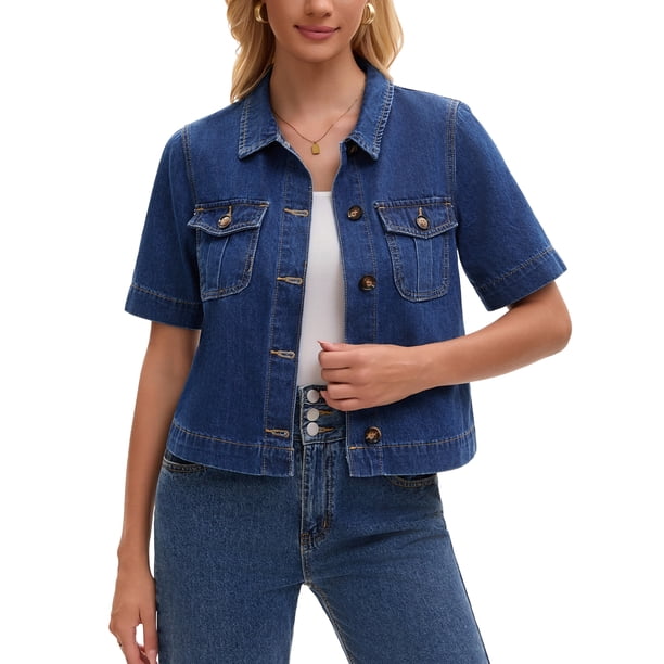 INSPIRE CHIC Chaqueta de Mezclilla Ligera de Manga Corta con Botones para Mujer de Regreso a Clases Azul Oscuro XL