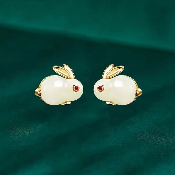 Chinese Style Jade Rabbit Bracelet Necklace Earrings 3pcs/Set 18K Gold Plated Jewelry For Women Girls BFF Gift Easter Bunny