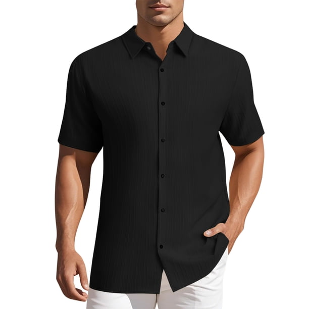 INSPIRE CHIC Camisas de Hombre para Regreso a Clases Manga Corta Abotonada Playa Verano Cuello de Punta Camisa L Negro