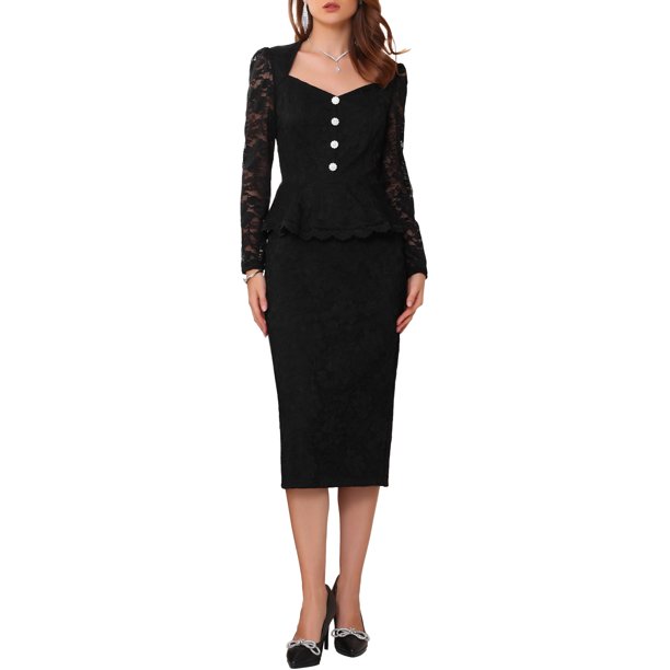 INSPIRE CHIC Traje Formal de Encaje para Mujer de 2 Piezas Conjunto de Top Peplum con Escote Corazón y Falda Elegante para Cóctel S Negro