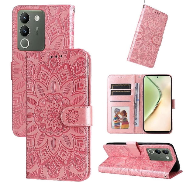 Funda tipo cartera FOXDOCK para Vivo Y200 5G , diseño girasol en relieve, cuero PU, cierre magnético, soporte y tarjetero