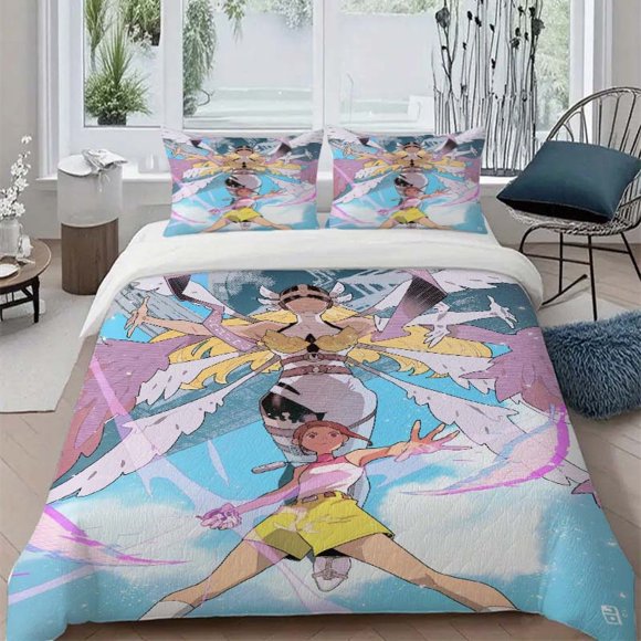 3pcs Digimon Adventure Battle Scene Yellow Girl and Winged Angel Themed Bedding Set Duvet Cover & Pillowcases with Multi Color Prints