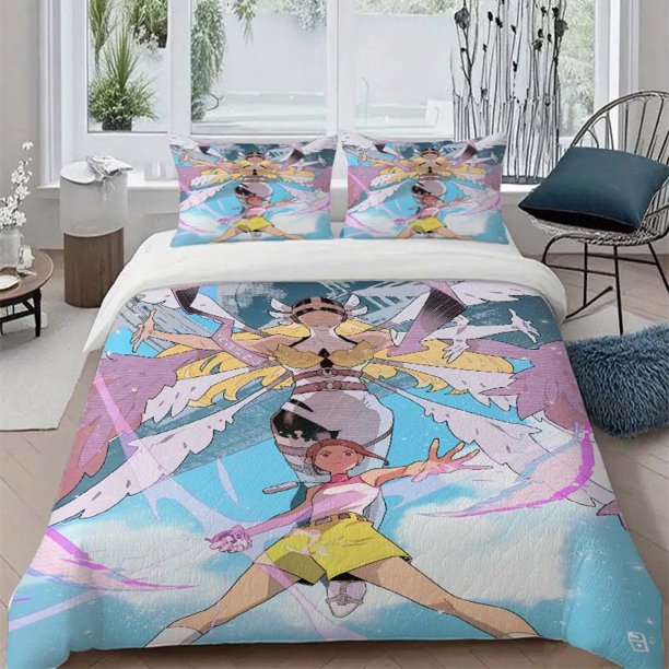 3pcs Digimon Adventure Battle Scene Yellow Girl and Winged Angel Themed Bedding Set Duvet Cover & Pillowcases with Multi Color Prints