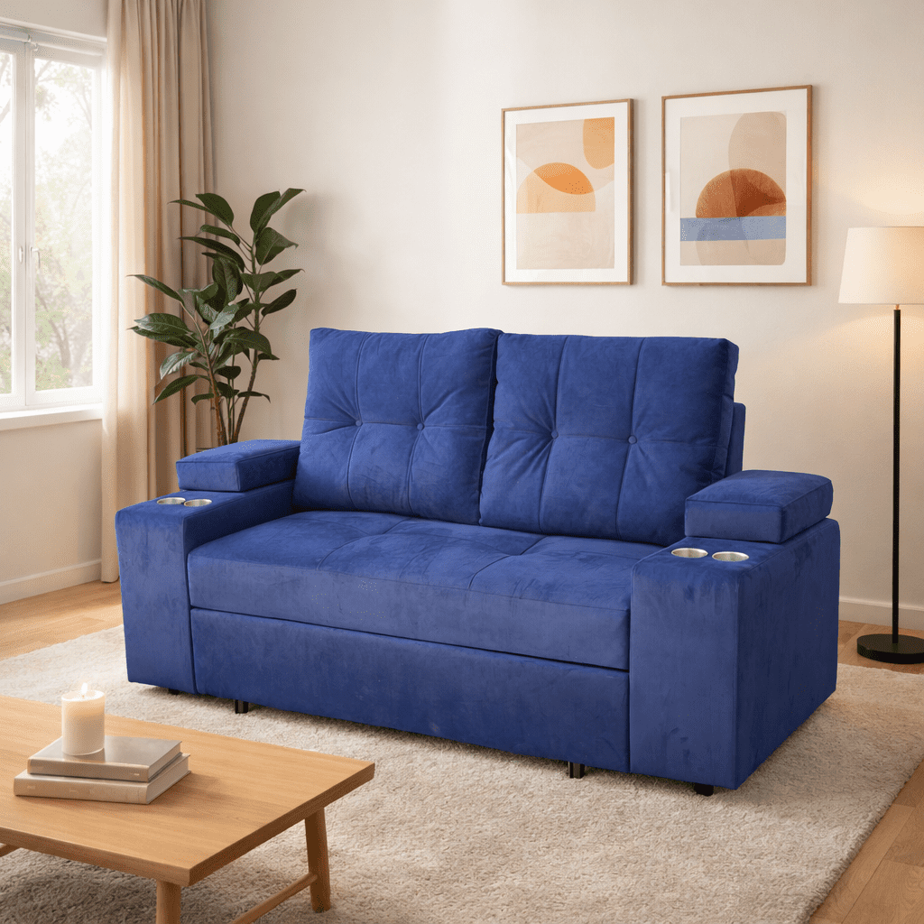 Camila Home - Sofá Cama Confort Plus 2 Plazas Felpa Azul Rey Con Baúles Y Portavasos