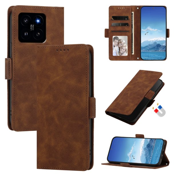 Funda Billetera Delgada para Xiaomi 14 con Ranuras y Soporte Marrón