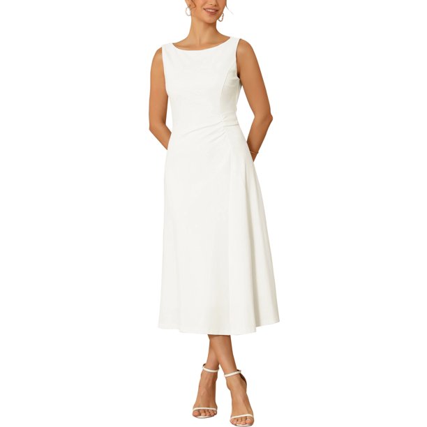 INSPIRE CHIC Vestido Formal Elegante sin Mangas para Mujer, con Fruncido, Cintura Alta, Línea A, Vestidos de Trabajo L Blanco