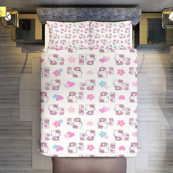 Cartoon Hello Kitty Love Flower 3 Pieces Duvet Cover Set Full Size Super Soft Fade Resistant Microfiber