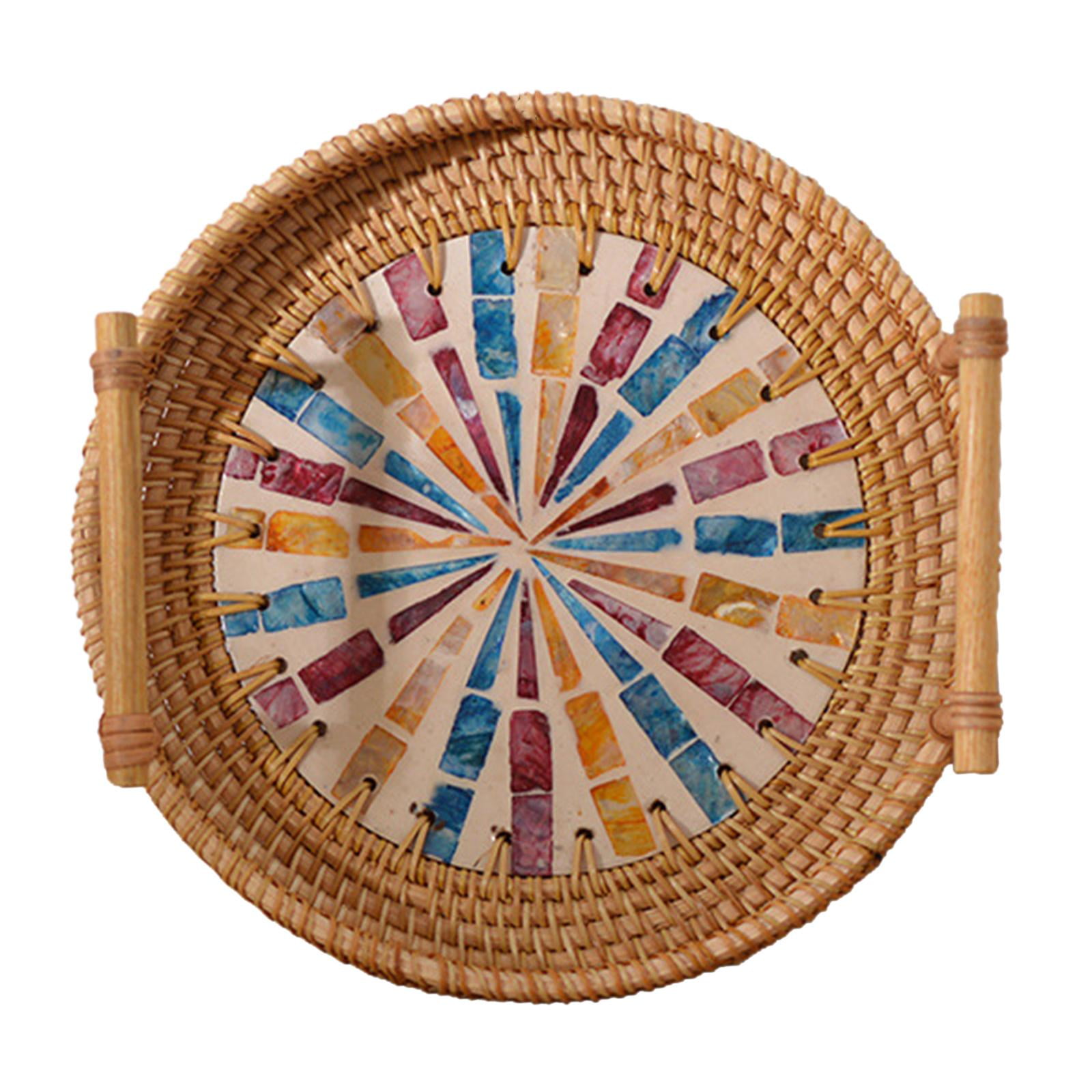 Bothyi - Bandeja Decorativa De Mimbre Para Servir, Bandeja De Mimbre Tejida Rústica Con Asas, 24cm