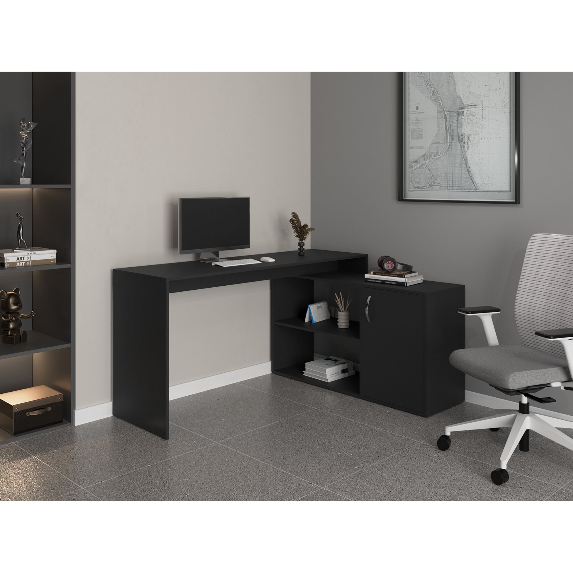 Tuhome - Escritorio Esquinero En L Axis Con Puerta Wengue, Mesa Home Office Moderna Y Funcional