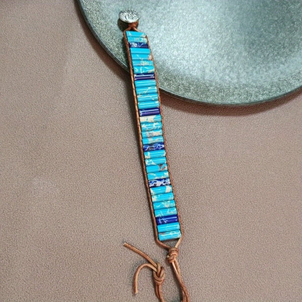 1pc Bohemian Trendy Rectangular Cylindrical Colorful Woven Stone Bracelet For Men Artificial Jewelry