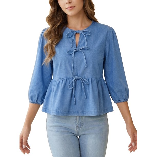 INSPIRE CHIC Blusas de Mezclilla para Mujer con Lazo Frontal, Mangas Abullonadas, Volante en el Bajo, Blusa Peplum, Camisas de Jean 2XL Azul Claro