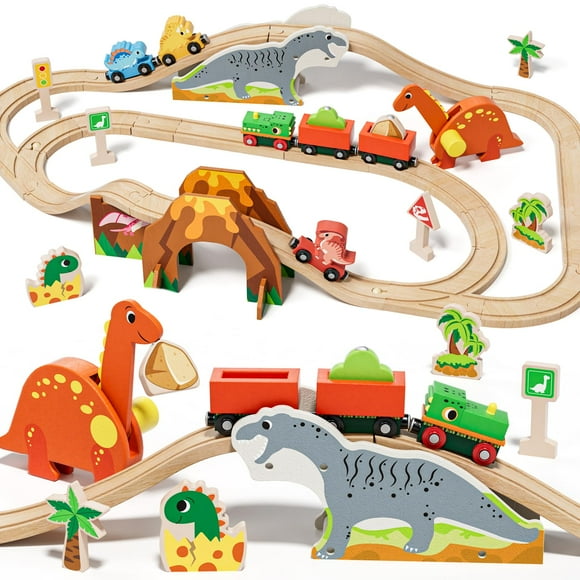 Set de tren de madera Lehoo Castle Dinosaur con rieles para niños pequeños