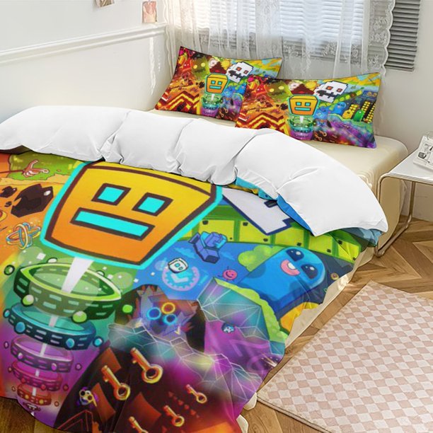 Geometry Dash 3-Piece Bedding Set Soft Warm And Comfortable Soft Bed Set with 1 Duvet Cover And 2 Pillowcases for Bedroom