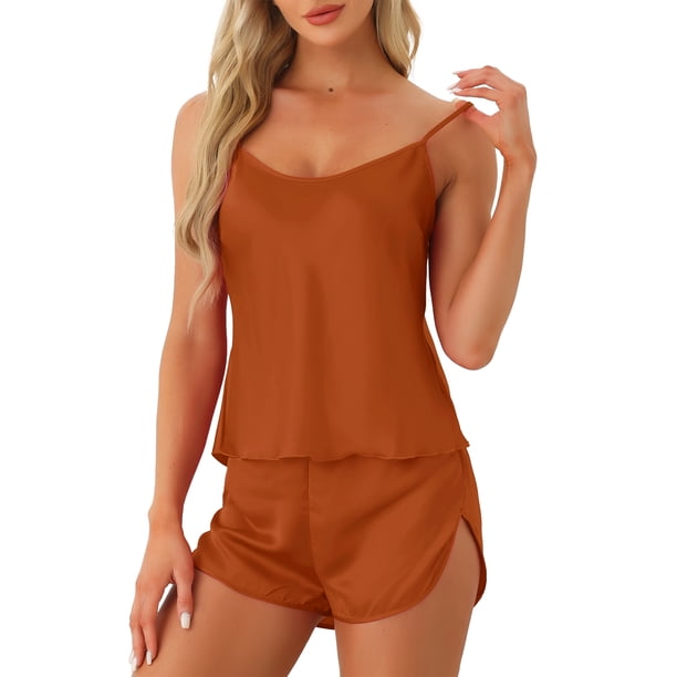 Conjuntos de Pijamas para Mujeres Shorts Sexy Cami Satén para Ropa de Dormir Cómoda y Uso en Salón Todo el Año L Caramelo