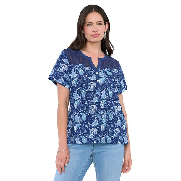 Polera Mujer Aplicación Macramé Flores Navy Corona