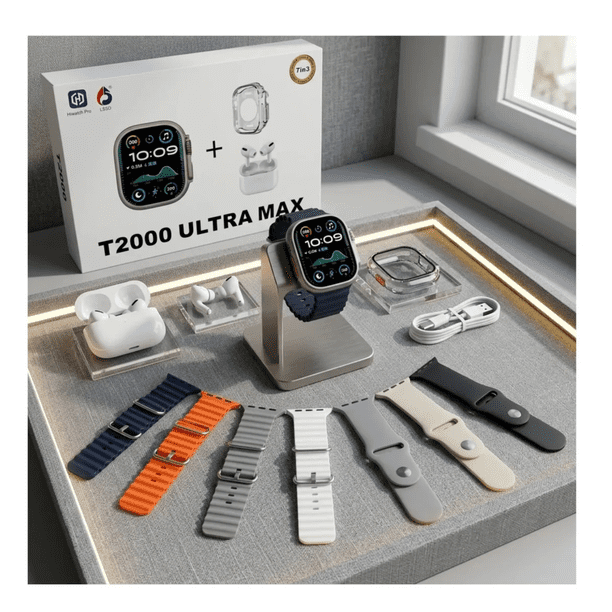 Reloj Smartwatch T2000 Ultra Max 7en3 + Audífonos +7 Correas naranja-azul-gris