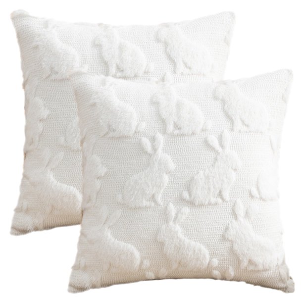 REGALWOVEN Fundas de Cojín Juego de 2, Decoraciones de Pascua de Conejo, Fundas de Almohada de Conejo de Jacquard de Felpa Suave Blanco-2 18" x 18"