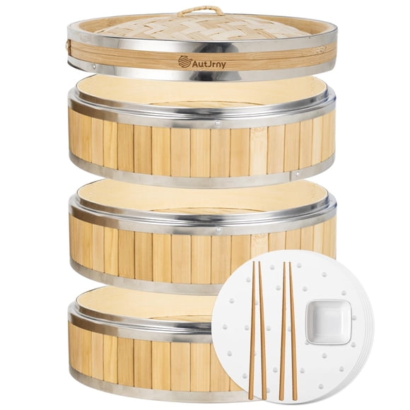 Olla para Cocinar AutJrny Vaporizador de Bambú Vertical de 3 Niveles 30 cm
