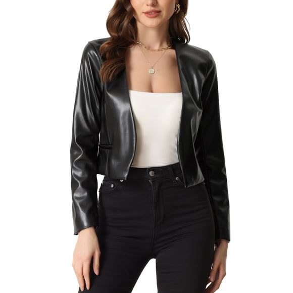 INSPIRE CHIC Chaqueta de Mujer de Cuero Sintético Recortada sin Cuello Abierta Delantera PU Moto Biker L Negro