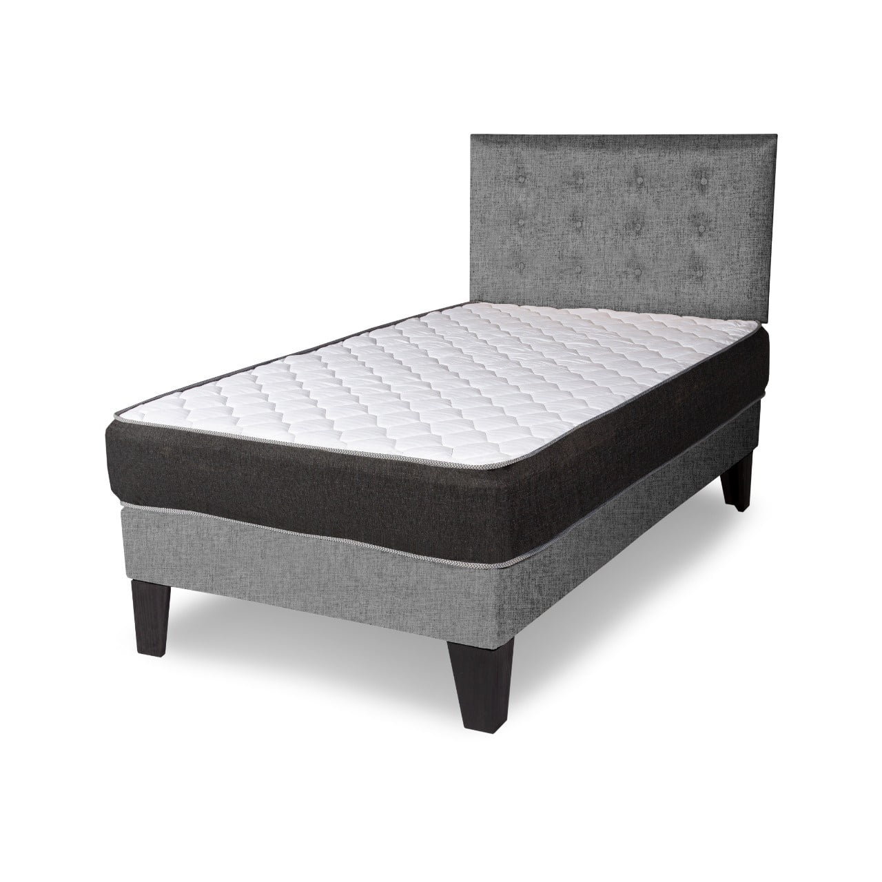 M Sole - Cama 1 Plaza Completa Base Americana + Colchón De Resortes + Respaldo Botones Gris Claro