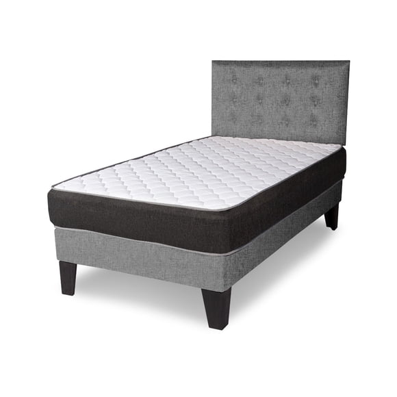 Cama 1.5 plazas completa Base americana + colchón de resortes + respaldo botones gris claro
