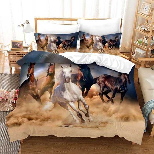 Running Horse Steed Animal Quilt Duvet Cover Set Children3-Piece Bedding Set