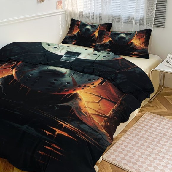 Jason Voorhees Print Bedding Set Pattern Duvet Cove Set 3 Pieces 1 Quilt Cover And 2 Pillowcases for Women Men Teens 86x70""